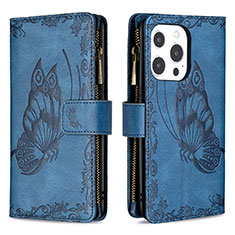 Funda de Cuero Cartera con Soporte Mariposa Carcasa L08 para Apple iPhone 13 Pro Azul