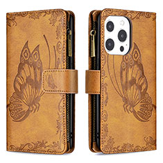 Funda de Cuero Cartera con Soporte Mariposa Carcasa L08 para Apple iPhone 13 Pro Max Marron