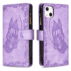 Funda de Cuero Cartera con Soporte Mariposa Carcasa L08 para Apple iPhone 15 Morado