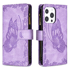 Funda de Cuero Cartera con Soporte Mariposa Carcasa L08 para Apple iPhone 15 Pro Morado