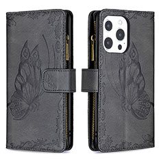 Funda de Cuero Cartera con Soporte Mariposa Carcasa L08 para Apple iPhone 15 Pro Negro