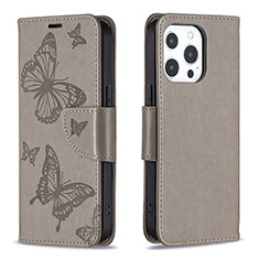 Funda de Cuero Cartera con Soporte Mariposa Carcasa L09 para Apple iPhone 14 Pro Gris Oscuro