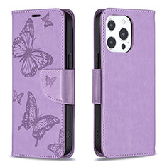 Funda de Cuero Cartera con Soporte Mariposa Carcasa L09 para Apple iPhone 14 Pro Max Morado