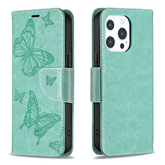 Funda de Cuero Cartera con Soporte Mariposa Carcasa L09 para Apple iPhone 14 Pro Max Verde