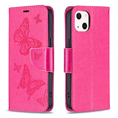 Funda de Cuero Cartera con Soporte Mariposa Carcasa L09 para Apple iPhone 15 Rosa Roja