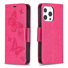 Funda de Cuero Cartera con Soporte Mariposa Carcasa L09 para Apple iPhone 16 Pro Rosa Roja