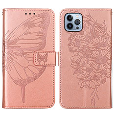 Funda de Cuero Cartera con Soporte Mariposa Carcasa L10 para Apple iPhone 14 Pro Max Oro Rosa