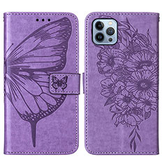 Funda de Cuero Cartera con Soporte Mariposa Carcasa L10 para Apple iPhone 14 Pro Max Purpura Claro