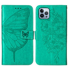 Funda de Cuero Cartera con Soporte Mariposa Carcasa L10 para Apple iPhone 14 Pro Max Verde