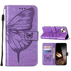 Funda de Cuero Cartera con Soporte Mariposa Carcasa L10 para Apple iPhone 15 Plus Purpura Claro