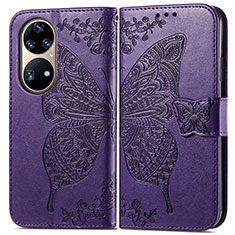 Funda de Cuero Cartera con Soporte Mariposa Carcasa para Huawei P50 Morado