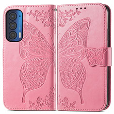 Funda de Cuero Cartera con Soporte Mariposa Carcasa para Motorola Moto Edge (2021) 5G Rosa Roja