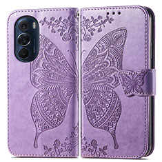 Funda de Cuero Cartera con Soporte Mariposa Carcasa para Motorola Moto Edge 30 Pro 5G Purpura Claro