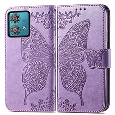 Funda de Cuero Cartera con Soporte Mariposa Carcasa para Motorola Moto Edge 40 Neo 5G Purpura Claro