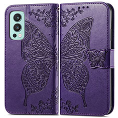 Funda de Cuero Cartera con Soporte Mariposa Carcasa para OnePlus Nord 2 5G Morado