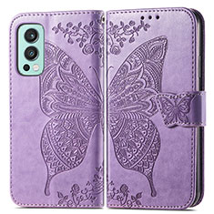 Funda de Cuero Cartera con Soporte Mariposa Carcasa para OnePlus Nord 2 5G Purpura Claro