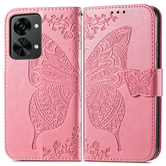 Funda de Cuero Cartera con Soporte Mariposa Carcasa para OnePlus Nord 2T 5G Rosa Roja