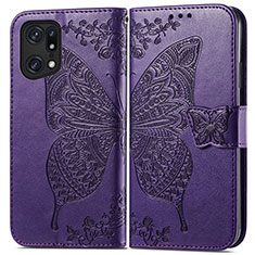 Funda de Cuero Cartera con Soporte Mariposa Carcasa para Oppo Find X5 5G Morado