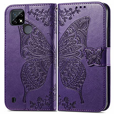 Funda de Cuero Cartera con Soporte Mariposa Carcasa para Realme C21 Morado