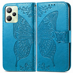 Funda de Cuero Cartera con Soporte Mariposa Carcasa para Realme Narzo 50A Prime Azul