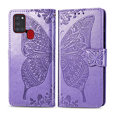 Funda de Cuero Cartera con Soporte Mariposa Carcasa para Samsung Galaxy A21s Purpura Claro