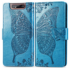 Funda de Cuero Cartera con Soporte Mariposa Carcasa para Samsung Galaxy A80 Azul