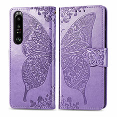 Funda de Cuero Cartera con Soporte Mariposa Carcasa para Sony Xperia 1 III Purpura Claro