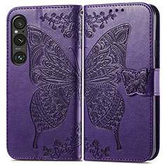 Funda de Cuero Cartera con Soporte Mariposa Carcasa para Sony Xperia 1 V Morado