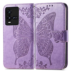 Funda de Cuero Cartera con Soporte Mariposa Carcasa para Vivo iQOO 9T 5G Purpura Claro