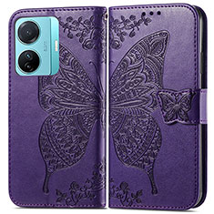 Funda de Cuero Cartera con Soporte Mariposa Carcasa para Vivo iQOO Z6 Pro 5G Morado