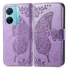 Funda de Cuero Cartera con Soporte Mariposa Carcasa para Vivo iQOO Z6 Pro 5G Purpura Claro