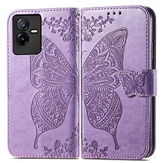 Funda de Cuero Cartera con Soporte Mariposa Carcasa para Vivo iQOO Z6x Purpura Claro