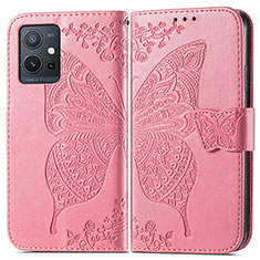 Funda de Cuero Cartera con Soporte Mariposa Carcasa para Vivo T1 5G India Rosa Roja