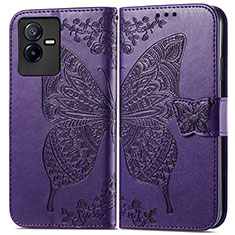 Funda de Cuero Cartera con Soporte Mariposa Carcasa para Vivo T2x 5G Morado