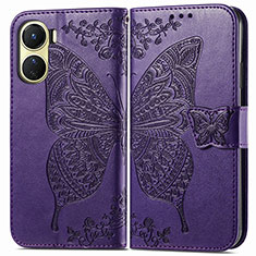 Funda de Cuero Cartera con Soporte Mariposa Carcasa para Vivo Y02S Morado