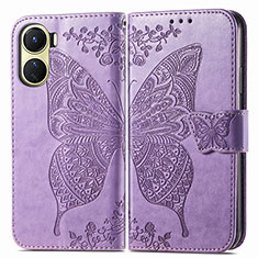 Funda de Cuero Cartera con Soporte Mariposa Carcasa para Vivo Y16 Purpura Claro