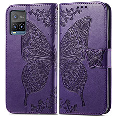 Funda de Cuero Cartera con Soporte Mariposa Carcasa para Vivo Y21G Morado