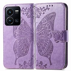 Funda de Cuero Cartera con Soporte Mariposa Carcasa para Vivo Y35 4G Purpura Claro