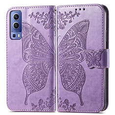 Funda de Cuero Cartera con Soporte Mariposa Carcasa para Vivo Y52 5G Purpura Claro