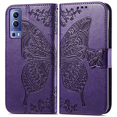 Funda de Cuero Cartera con Soporte Mariposa Carcasa para Vivo Y72 5G Morado