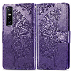 Funda de Cuero Cartera con Soporte Mariposa Carcasa para Vivo Y73s 5G Morado