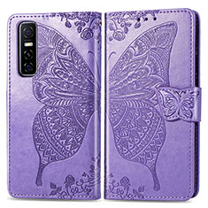 Funda de Cuero Cartera con Soporte Mariposa Carcasa para Vivo Y73s 5G Purpura Claro