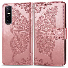 Funda de Cuero Cartera con Soporte Mariposa Carcasa para Vivo Y73s 5G Rosa