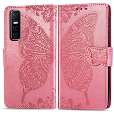 Funda de Cuero Cartera con Soporte Mariposa Carcasa para Vivo Y73s 5G Rosa Roja