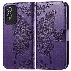 Funda de Cuero Cartera con Soporte Mariposa Carcasa para Vivo Y74s 5G Morado