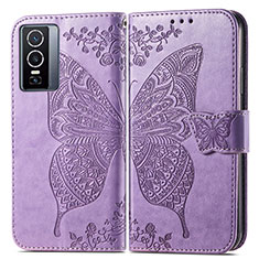 Funda de Cuero Cartera con Soporte Mariposa Carcasa para Vivo Y76 5G Purpura Claro