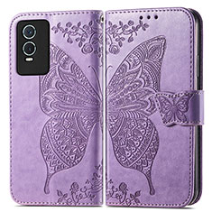 Funda de Cuero Cartera con Soporte Mariposa Carcasa para Vivo Y76s 5G Purpura Claro