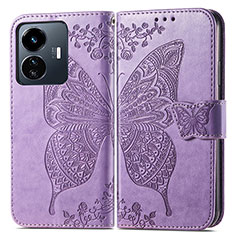 Funda de Cuero Cartera con Soporte Mariposa Carcasa para Vivo Y77 5G Purpura Claro