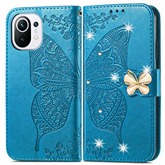 Funda de Cuero Cartera con Soporte Mariposa Carcasa para Xiaomi Mi 11 Lite 4G Azul