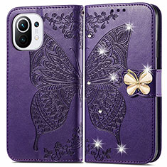 Funda de Cuero Cartera con Soporte Mariposa Carcasa para Xiaomi Mi 11 Lite 5G NE Morado